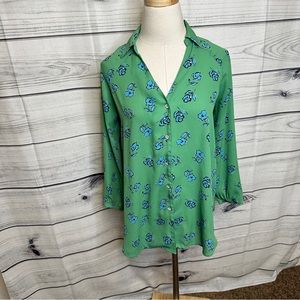 CAbi Vibrant Green Blouse with Blue Floral Design
